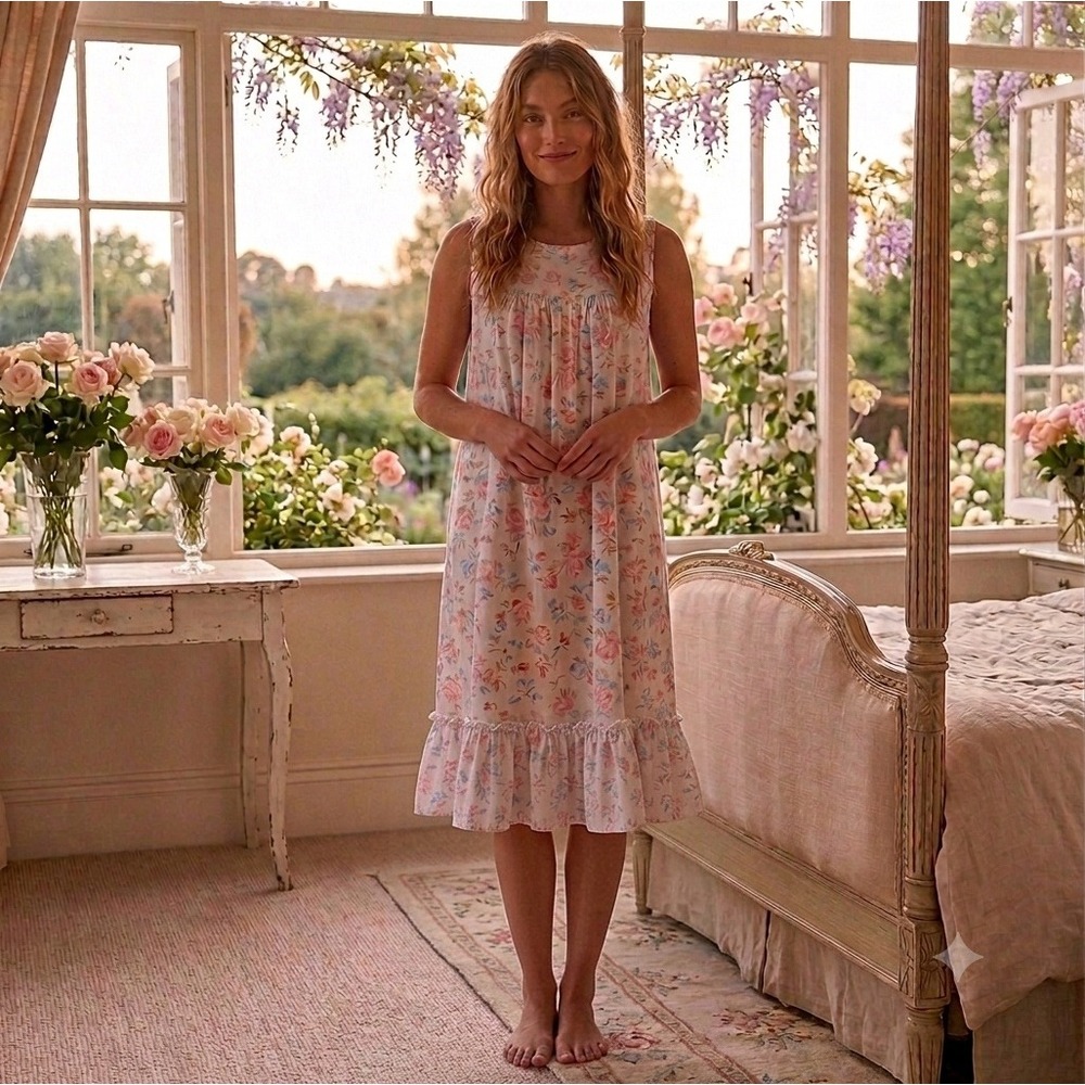 VTG Anthony Richards Floral Nightgown Sleep Dress Small Ruffled Hem Pink Blue‎